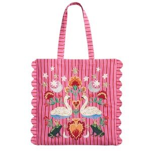 World Market Pink and Red Cotton Vintage Swan Embroidered Scallop Tote Bag